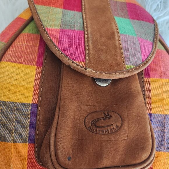Cedano Leather Guatemala Loomed Backpack Shoulder Bag Check Plaid Boho - Picture 6 of 15